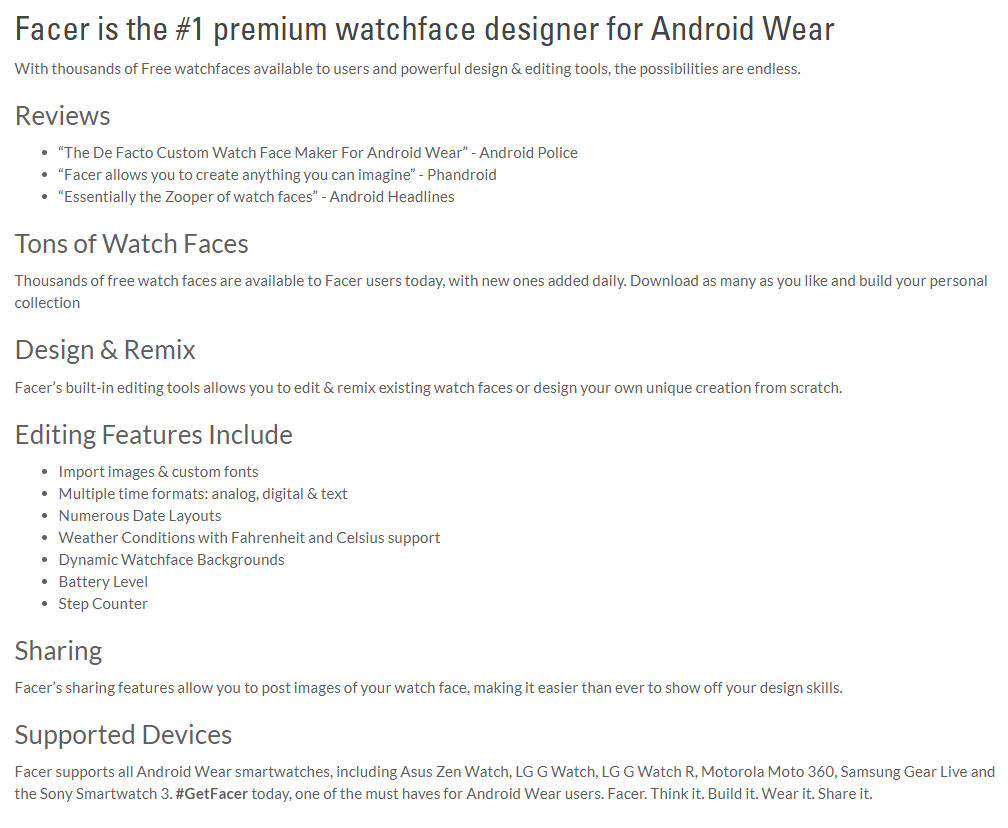 Screenshot of the Facer.io About page listing features and benefits that validated my decision regarding using Facer