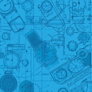 Technical blueprint background showing various watch face designs, arc measurements, and scribbled notes, symbolizing the complex design process.