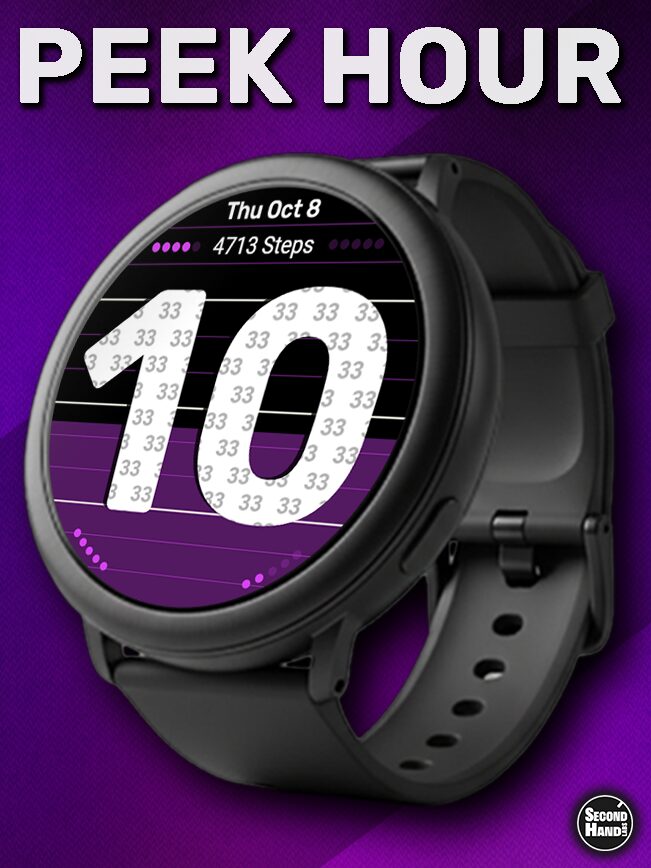 Promo graphic for Peek Hour, a free Wear OS watch face featuring large, bold white numbers on a purple background for high contrast. Text overlay reads: Peek Hour.