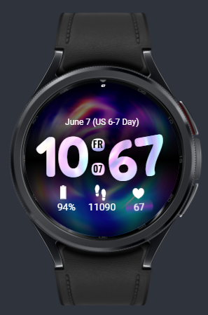 Product render of a black circular Samsung Galaxy Watch featuring the Six Seven watch face against a dark background. The design has a dynamic, vibrant background of neon pink, blue, green, and yellow light swirls. Prominent in the center are large, rounded numbers with an iridescent bubble-like gradient fill (white, pink, light blue), displaying the Six Seven themed time of 10:67. Arc text along the top bezel curve reads "June 7 (US 6-7 Day)". Three bottom complications show icons and text for battery life (94%), step count (11090), and heart rate (67 with a unique glowing background). Attached is a black leather watch band.