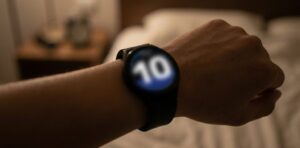 Dramatic, blurry view of a smartwatch face on a wrist, illustrating nocturnal visual impairment